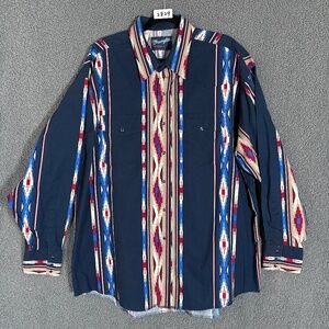 Wrangler Brushpopper Western Aztec Pearl Snap Shirt - Men's Size 3XL - Blue